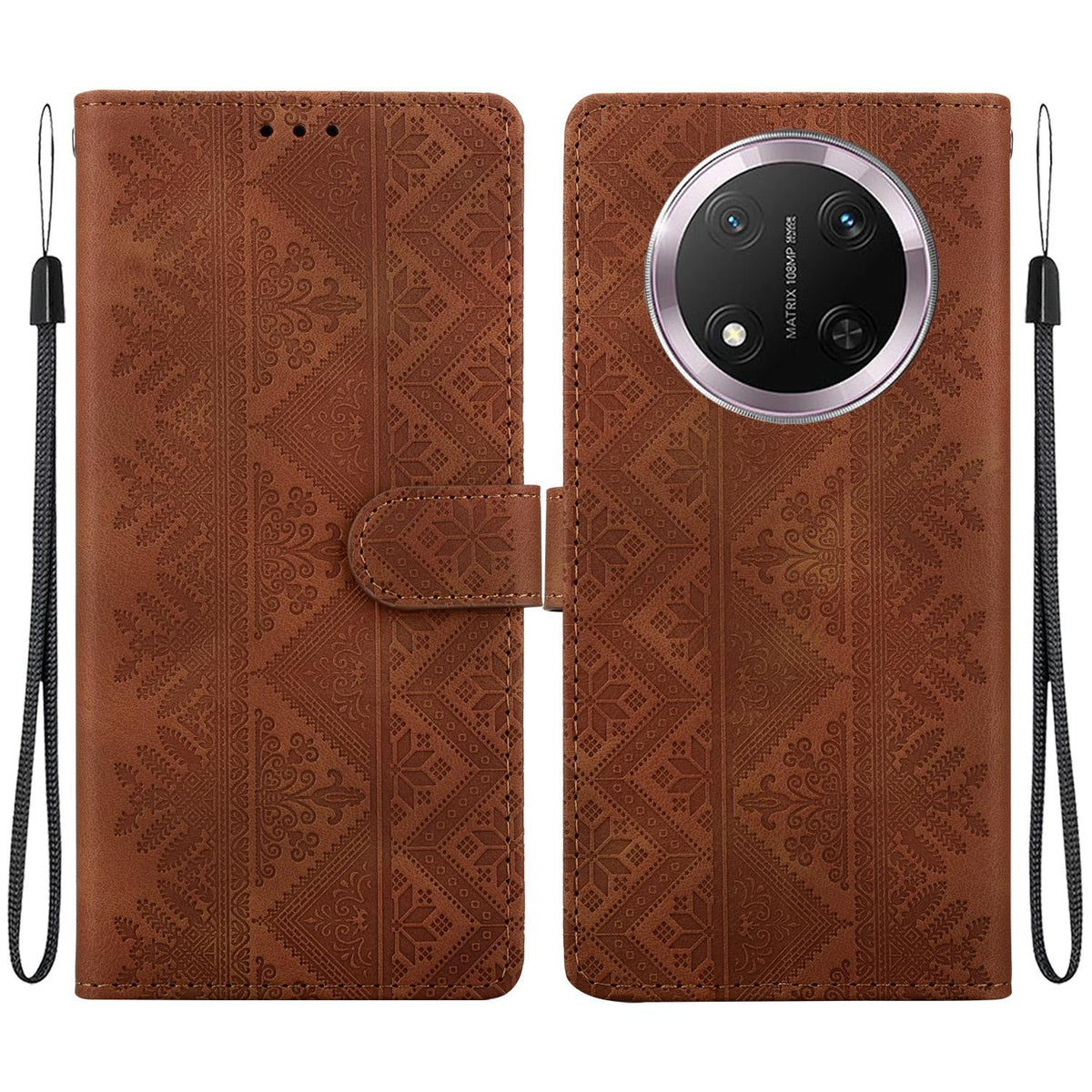 For Honor X9c Ethnic Pattern Embossed Vegan Leather Phone Case - Brown - EDA009984120A