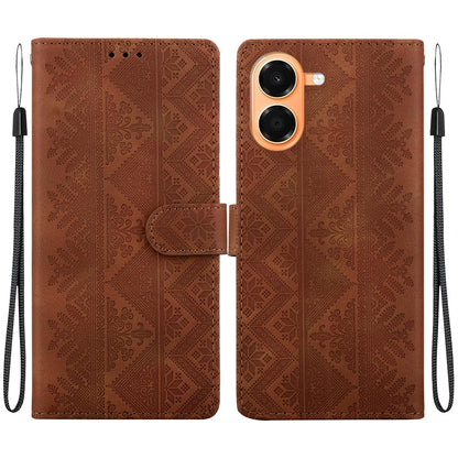 For Honor X7e 4G Ethnic Pattern Embossed Vegan Leather Phone Case - Brown - EDA009984121A