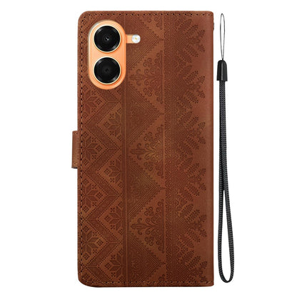 For Honor X7e 4G Ethnic Pattern Embossed Vegan Leather Phone Case - Brown - EDA009984121A