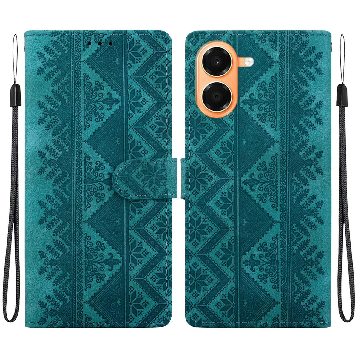 For Honor X7e 4G Ethnic Pattern Embossed Vegan Leather Phone Case - Green - EDA009984121B