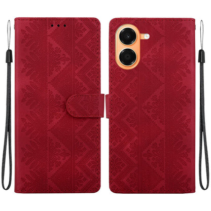 For Honor X7e 4G Ethnic Pattern Embossed Vegan Leather Phone Case - Red - EDA009984121C