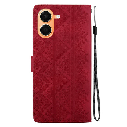 For Honor X7e 4G Ethnic Pattern Embossed Vegan Leather Phone Case - Red - EDA009984121C