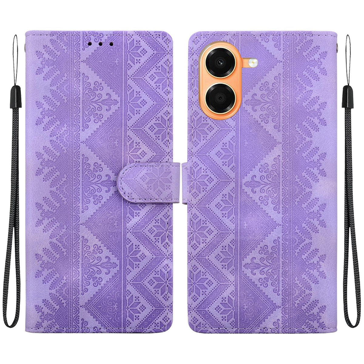 For Honor X7e 4G Ethnic Pattern Embossed Vegan Leather Phone Case - Purple - EDA009984121D