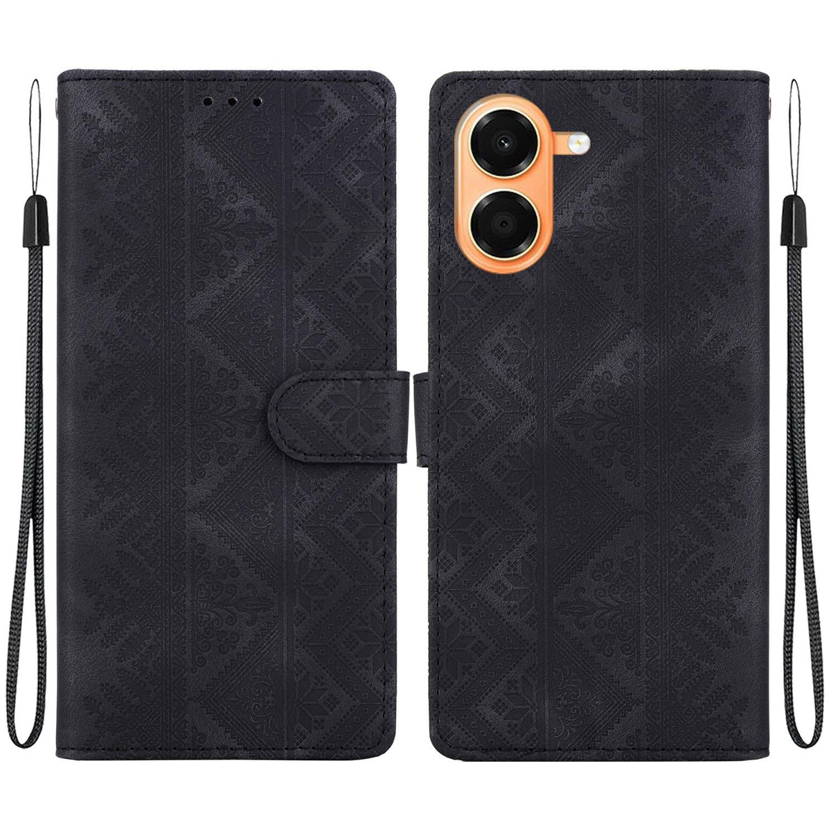 For Honor X7e 4G Ethnic Pattern Embossed Vegan Leather Phone Case - Black - EDA009984121F