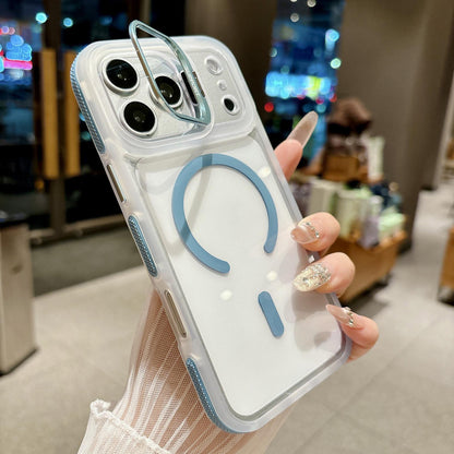 For iPhone 14 Dual-Color Magnetic Lens Holder Phone Case - Blue - EDA009984307D