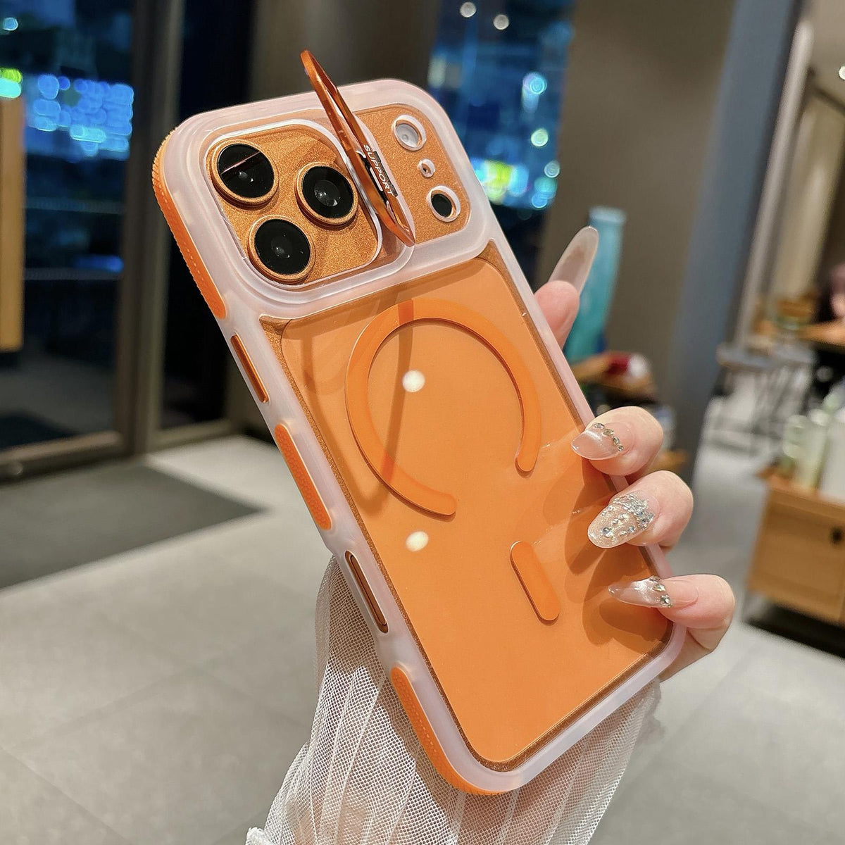 For iPhone 14 Dual-Color Magnetic Lens Holder Phone Case - Orange - EDA009984307E