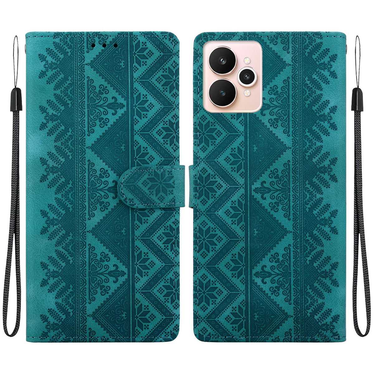 For Realme 15 5G / Realme 15 Pro 5G Ethnic Pattern Embossed Vegan Leather Phone Case - Green - EDA009984401B