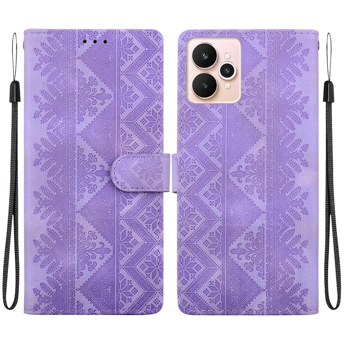 For Realme 15 5G / Realme 15 Pro 5G Ethnic Pattern Embossed Vegan Leather Phone Case - Purple - EDA009984401D