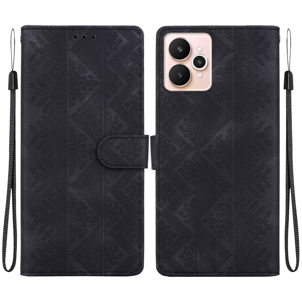 For Realme 15 5G / Realme 15 Pro 5G Ethnic Pattern Embossed Vegan Leather Phone Case - Black - EDA009984401F