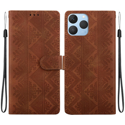 For Realme 15T 5G Ethnic Pattern Embossed Vegan Leather Phone Case - Brown - EDA009984402A
