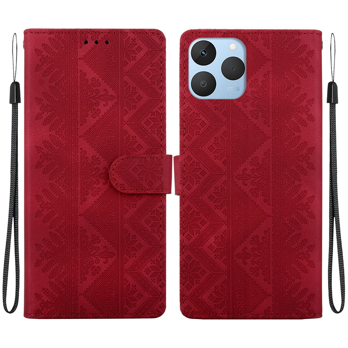 For Realme 15T 5G Ethnic Pattern Embossed Vegan Leather Phone Case - Red - EDA009984402C