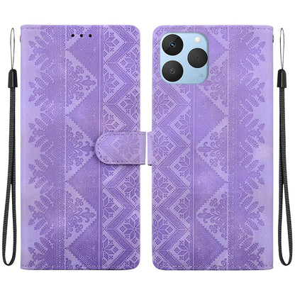 For Realme 15T 5G Ethnic Pattern Embossed Vegan Leather Phone Case - Purple - EDA009984402D