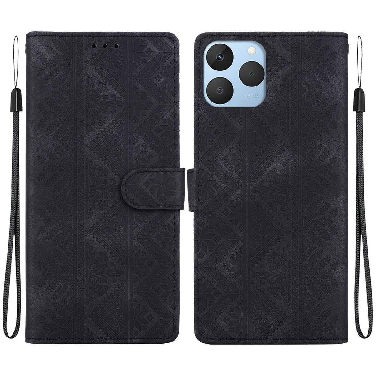 For Realme 15T 5G Ethnic Pattern Embossed Vegan Leather Phone Case - Black - EDA009984402F