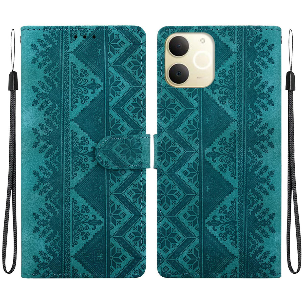 For Realme Note 70 / Note 70T / C71 India Ethnic Pattern Embossed Vegan Leather Phone Case - Green - EDA009984409B