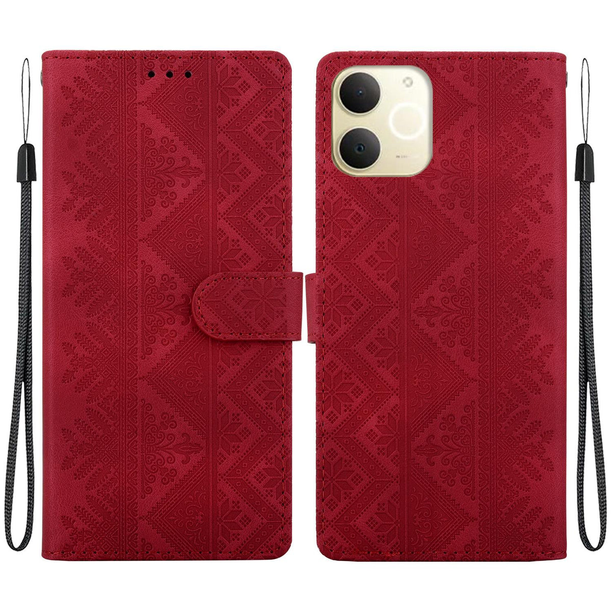 For Realme Note 70 / Note 70T / C71 India Ethnic Pattern Embossed Vegan Leather Phone Case - Red - EDA009984409C