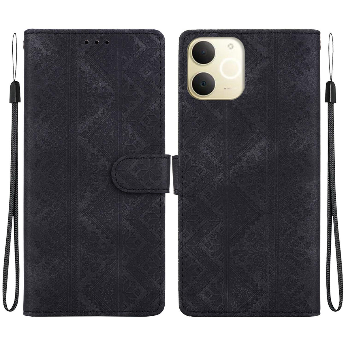 For Realme Note 70 / Note 70T / C71 India Ethnic Pattern Embossed Vegan Leather Phone Case - Black - EDA009984409F