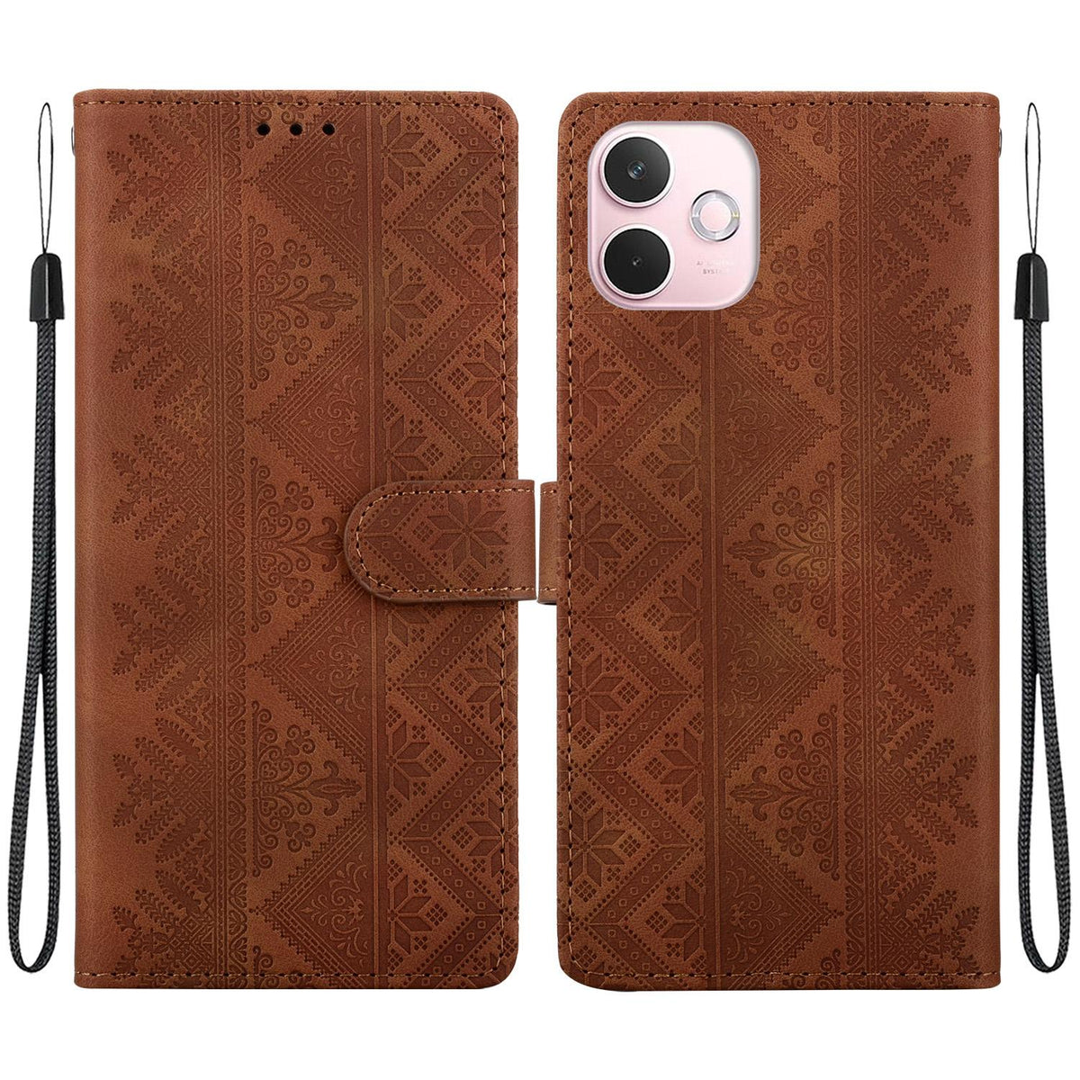 For OPPO A5 Pro 4G / 5G Ethnic Pattern Embossed Vegan Leather Phone Case - Brown - EDA009984502A