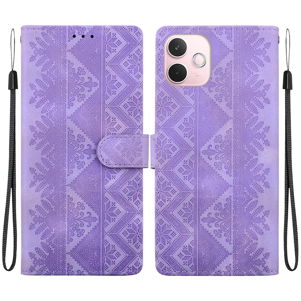 For OPPO A5 Pro 4G / 5G Ethnic Pattern Embossed Vegan Leather Phone Case - Purple - EDA009984502D