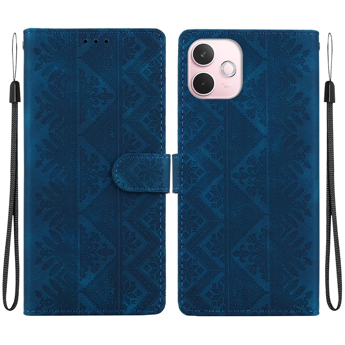 For OPPO A5 Pro 4G / 5G Ethnic Pattern Embossed Vegan Leather Phone Case - Dark Blue - EDA009984502E