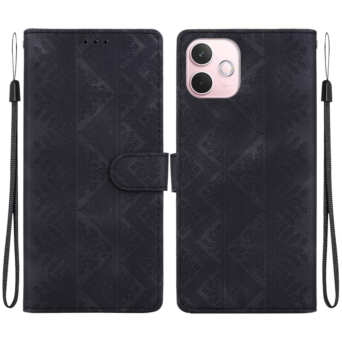 For OPPO A5 Pro 4G / 5G Ethnic Pattern Embossed Vegan Leather Phone Case - Black - EDA009984502F
