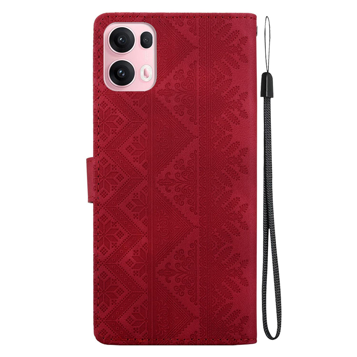For OPPO Reno14 Pro Global Ethnic Pattern Embossed Vegan Leather Phone Case - Red - EDA009984505C