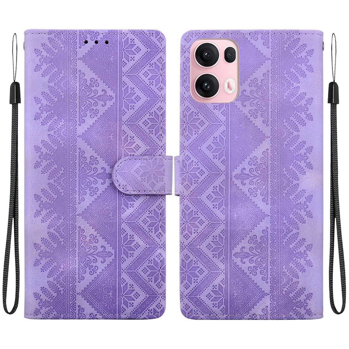 For OPPO Reno14 Pro Global Ethnic Pattern Embossed Vegan Leather Phone Case - Purple - EDA009984505D