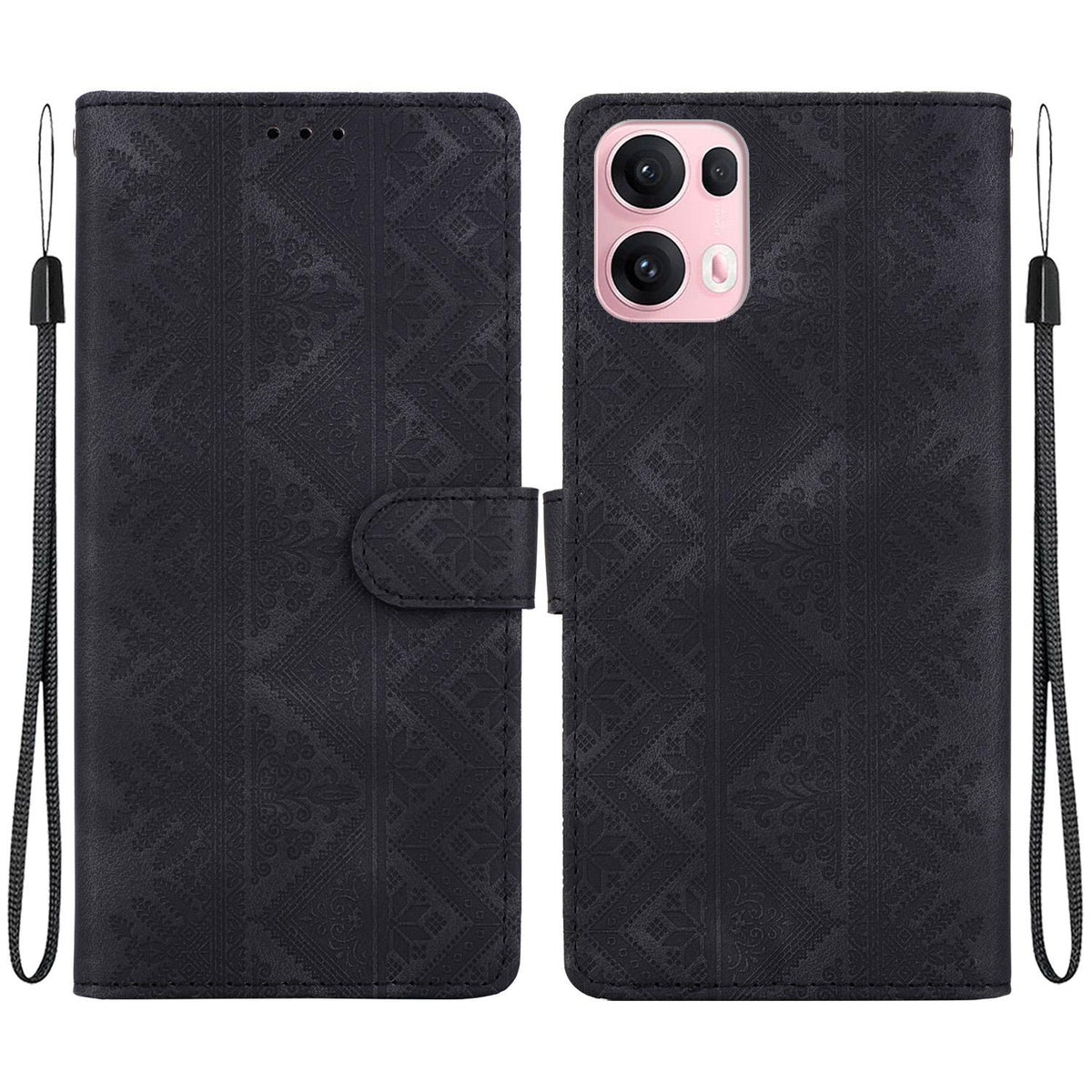 For OPPO Reno14 Pro Global Ethnic Pattern Embossed Vegan Leather Phone Case - Black - EDA009984505F