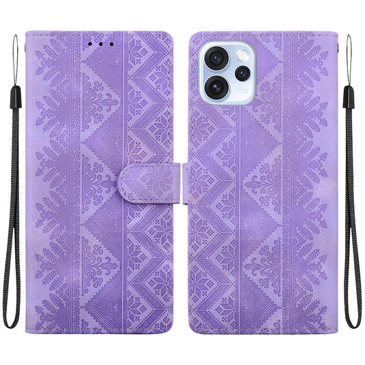 For OPPO Reno15 Pro Global / Reno15 Pro Mini Ethnic Pattern Embossed Vegan Leather Phone Case - Purple - EDA009984509D