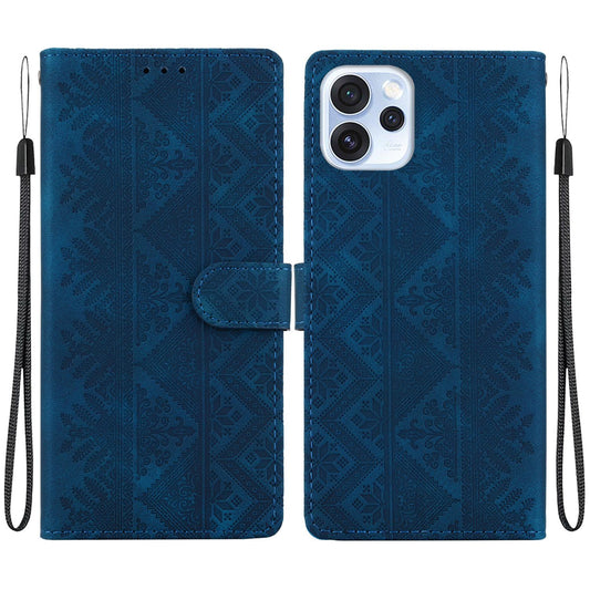 For OPPO Reno15 Pro Max 5G / Reno15 Pro India Ethnic Pattern Embossed Vegan Leather Phone Case - Dark Blue - EDA009984510E