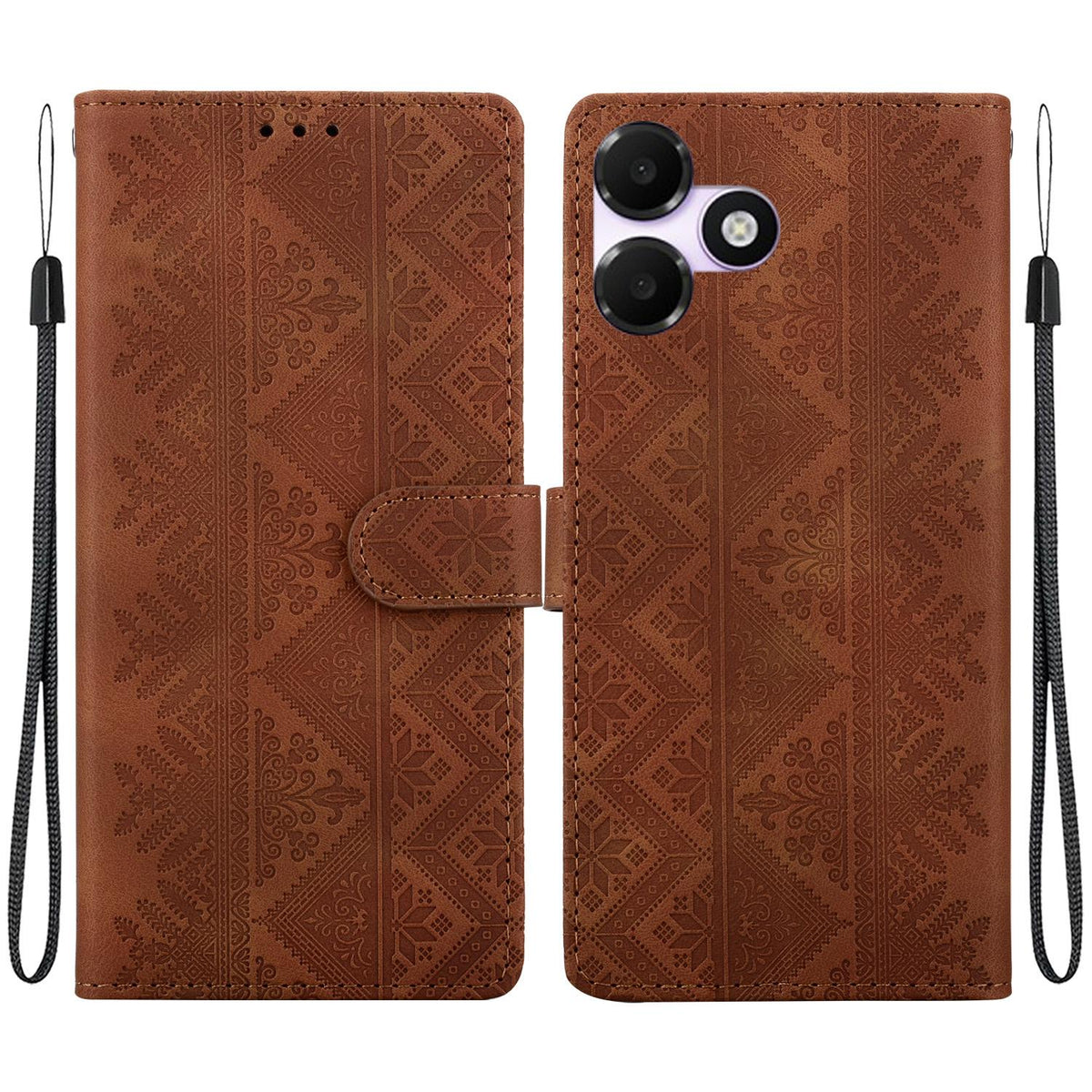 For OPPO A6c 4G Ethnic Pattern Embossed Vegan Leather Phone Case - Brown - EDA009984511A