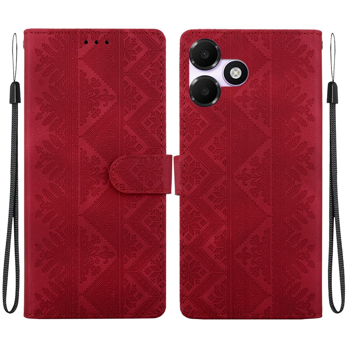 For OPPO A6c 4G Ethnic Pattern Embossed Vegan Leather Phone Case - Red - EDA009984511C