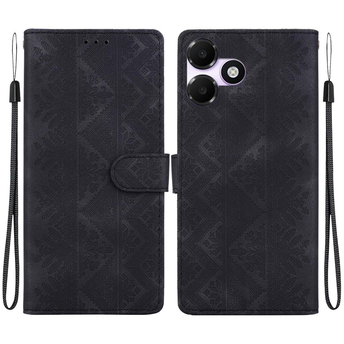 For OPPO A6c 4G Ethnic Pattern Embossed Vegan Leather Phone Case - Black - EDA009984511F