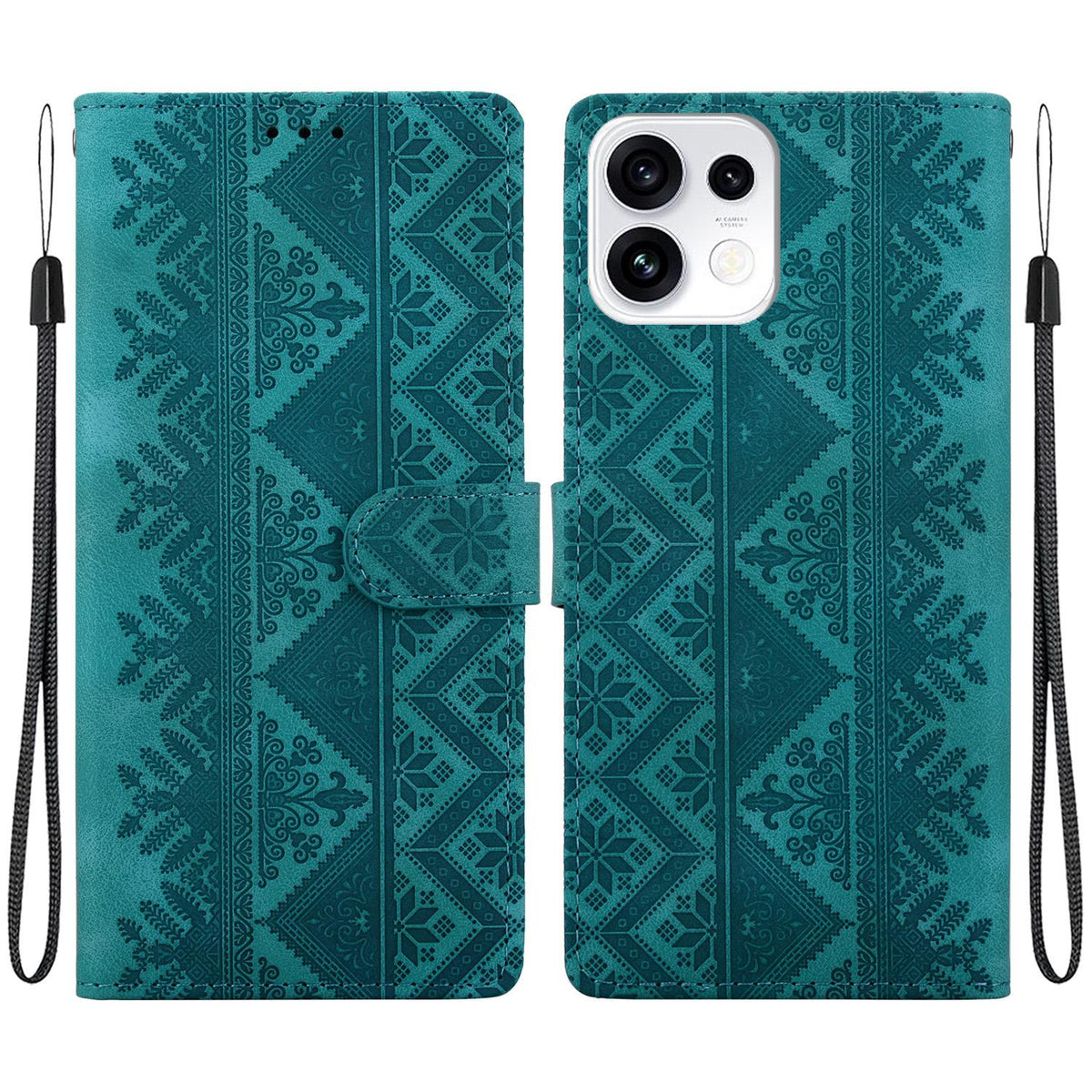 For OPPO Reno16 5G / Reno16 Pro 5G Global Ethnic Pattern Embossed Vegan Leather Phone Case - Green - EDA009984512B