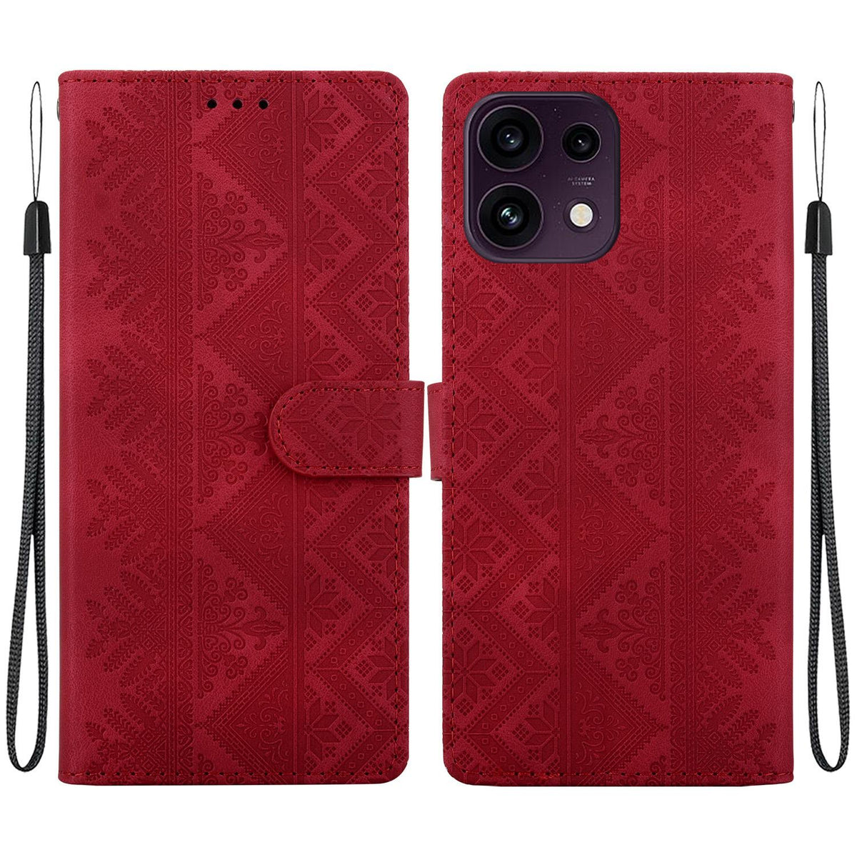 For OPPO Reno16 F 5G / Reno16 FS 5G Ethnic Pattern Embossed Vegan Leather Phone Case - Red - EDA009984513C