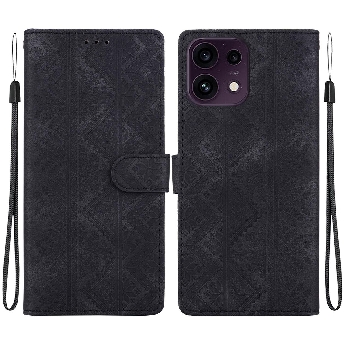 For OPPO Reno16 F 5G / Reno16 FS 5G Ethnic Pattern Embossed Vegan Leather Phone Case - Black - EDA009984513F
