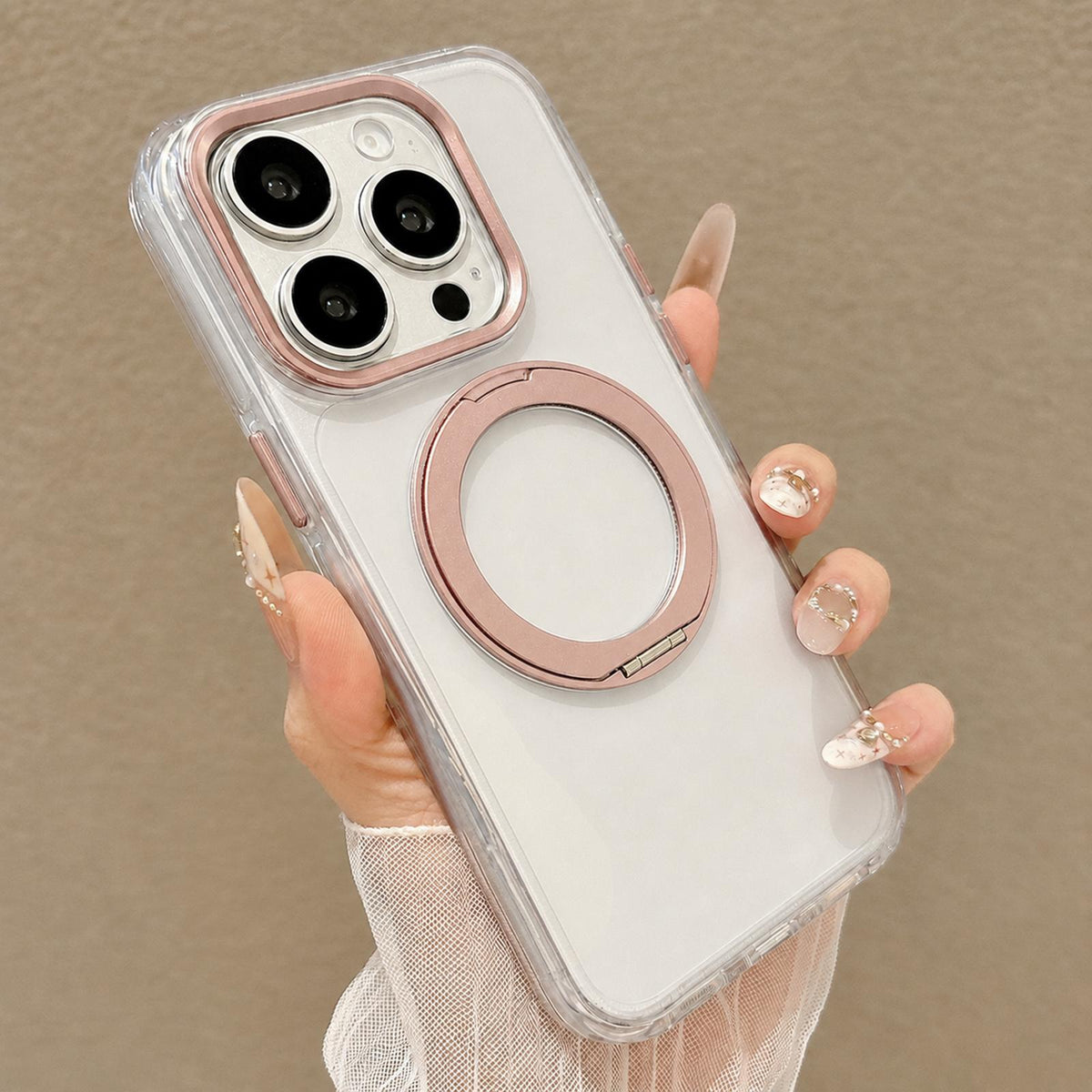 For iPhone 13 Pro Max Airbag Shockproof Magnetic Rotating Holder Phone Case - Pink - EDA009984604C