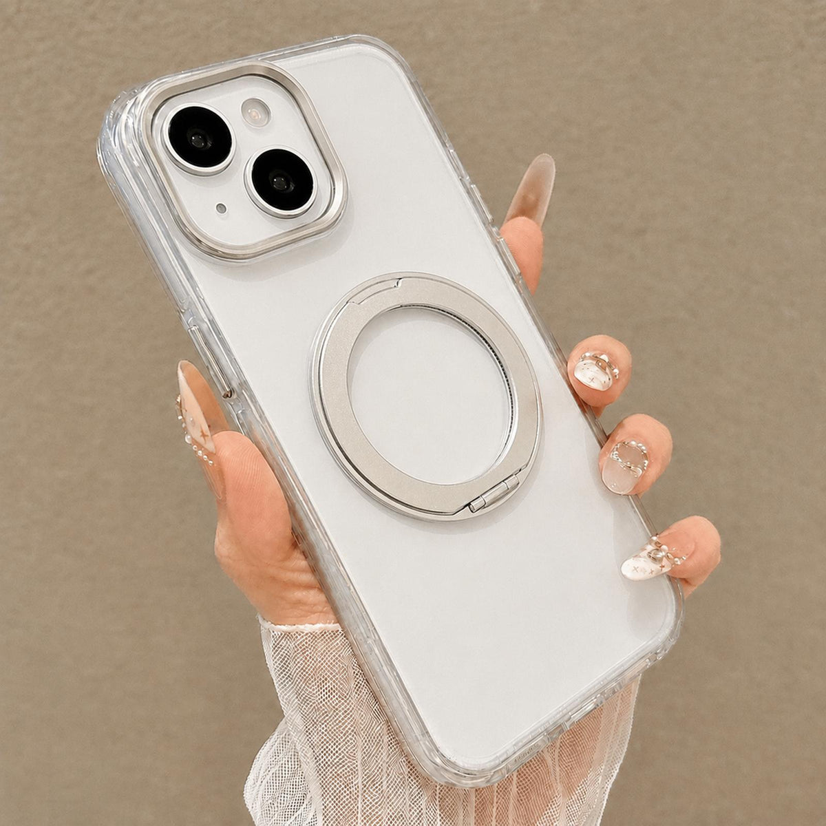 For iPhone 14 Airbag Shockproof Magnetic Rotating Holder Phone Case - Silver - EDA009984605A