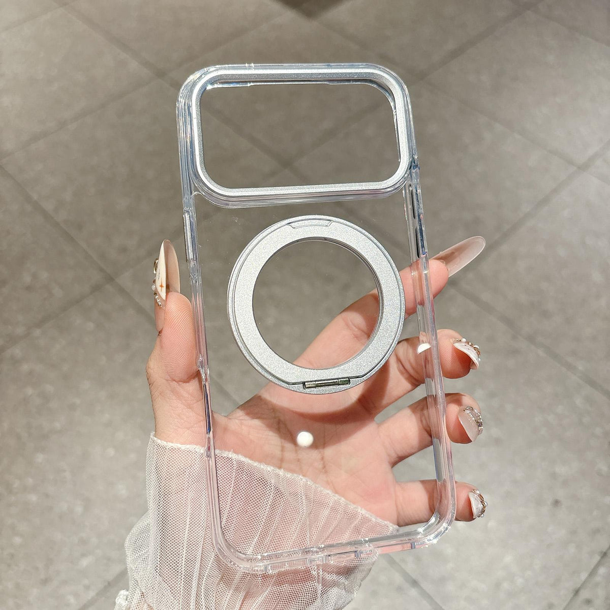 For iPhone 14 Pro Max Airbag Shockproof Magnetic Rotating Holder Phone Case - Silver - EDA009984608A