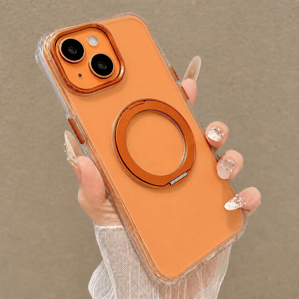 For iPhone 15 Plus Airbag Shockproof Magnetic Rotating Holder Phone Case - Orange - EDA009984610F