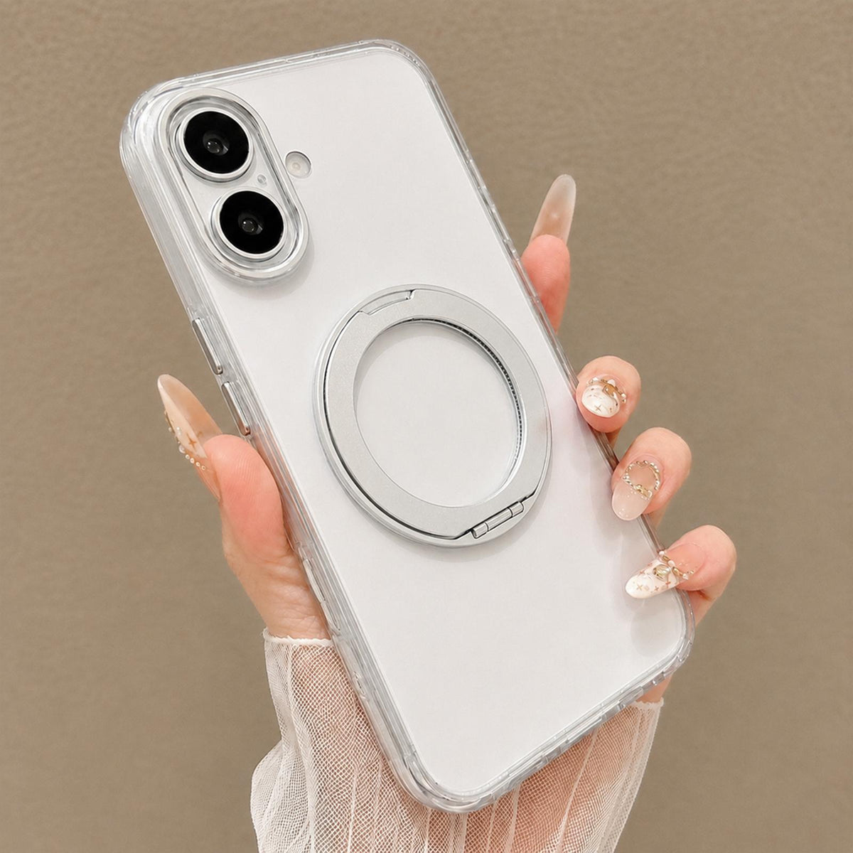 For iPhone 16 Plus Airbag Shockproof Magnetic Rotating Holder Phone Case - Silver - EDA009984614A