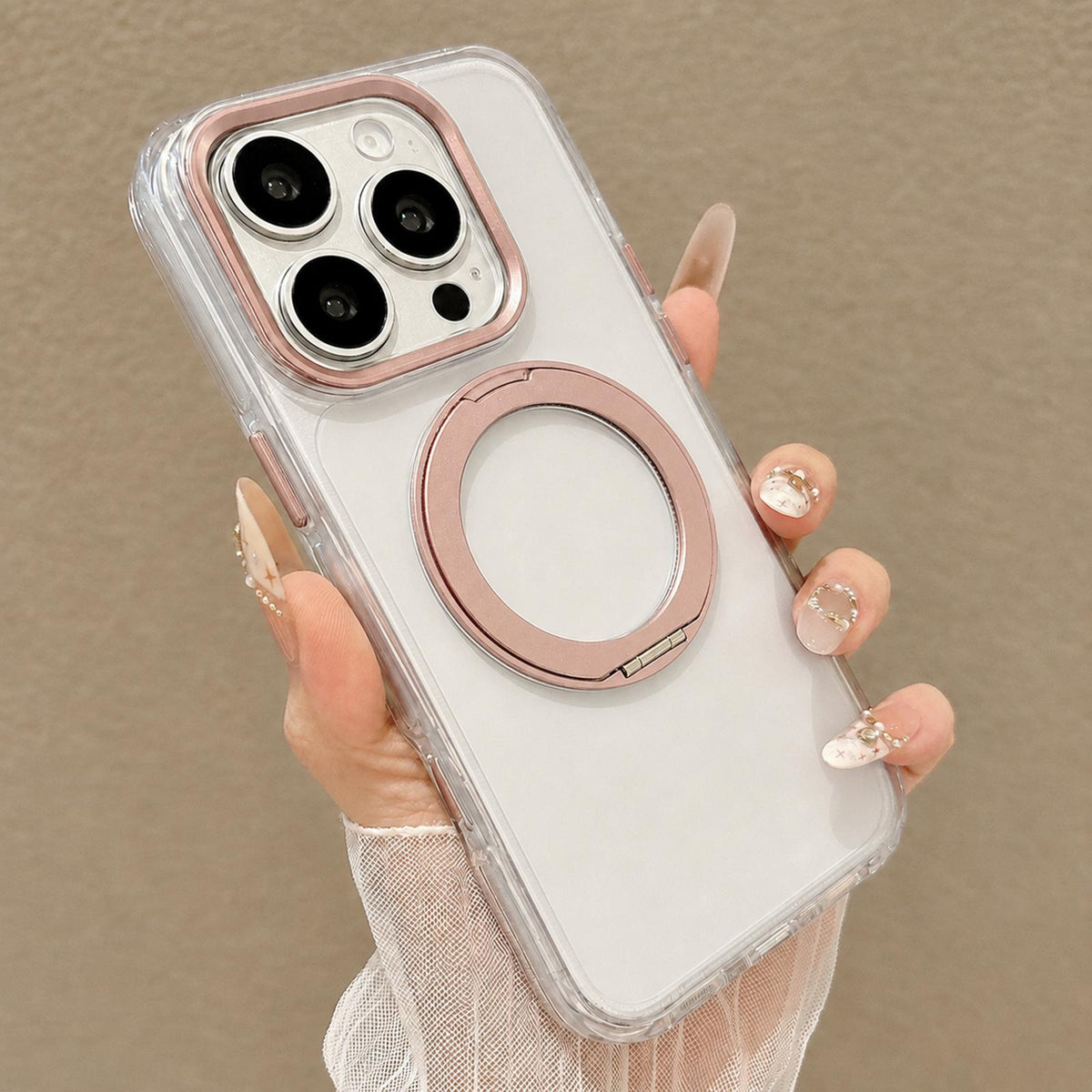 For iPhone 16 Pro Airbag Shockproof Magnetic Rotating Holder Phone Case - Pink - EDA009984615C
