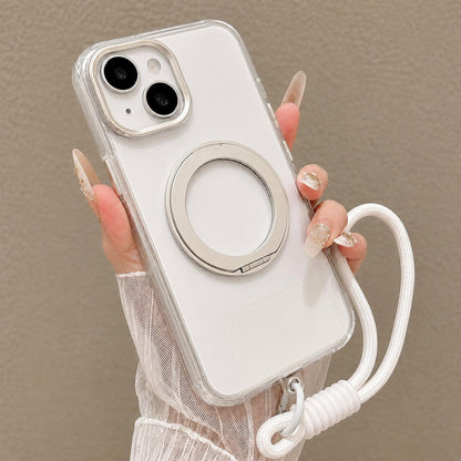 For iPhone 14 Airbag Shockproof Magnetic Rotating Holder Phone Case with Wrist Strap - Silver - EDA009984705A