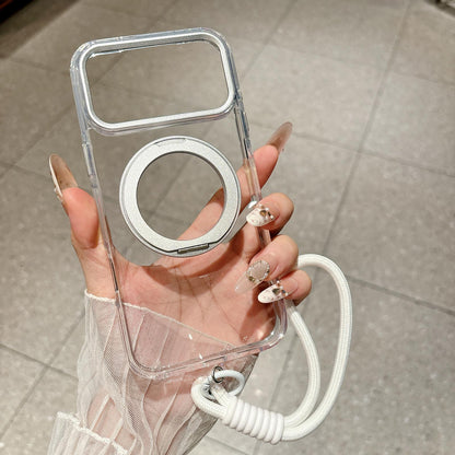 For iPhone 14 Airbag Shockproof Magnetic Rotating Holder Phone Case with Wrist Strap - Silver - EDA009984705A