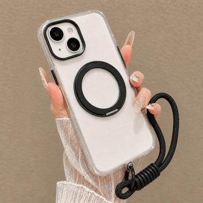 For iPhone 14 Airbag Shockproof Magnetic Rotating Holder Phone Case with Wrist Strap - Black - EDA009984705B