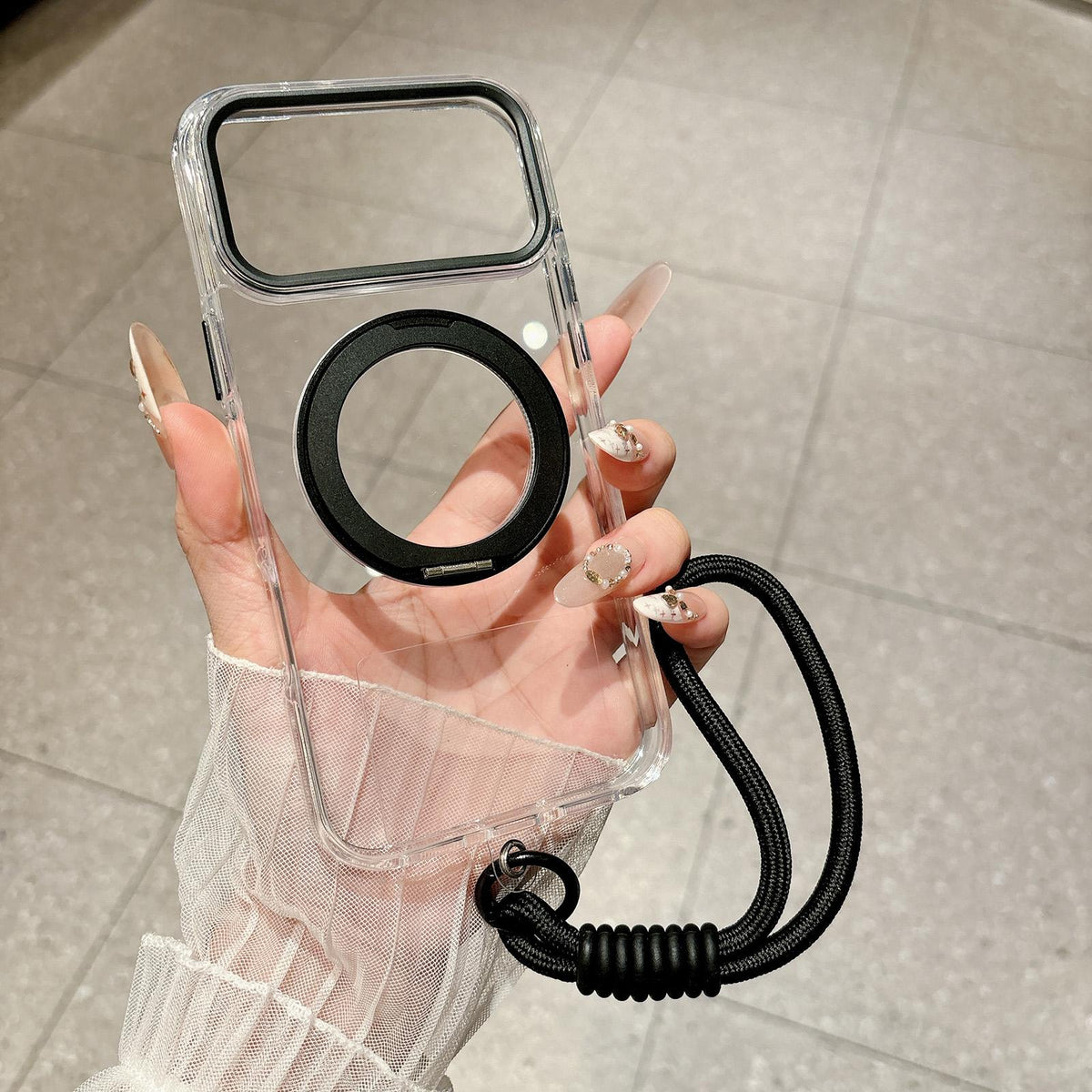 For iPhone 14 Airbag Shockproof Magnetic Rotating Holder Phone Case with Wrist Strap - Black - EDA009984705B