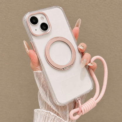 For iPhone 14 Airbag Shockproof Magnetic Rotating Holder Phone Case with Wrist Strap - Pink - EDA009984705C