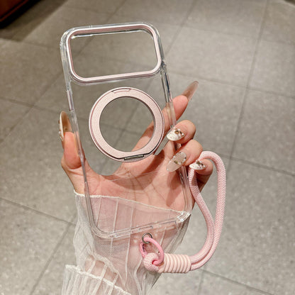 For iPhone 14 Airbag Shockproof Magnetic Rotating Holder Phone Case with Wrist Strap - Pink - EDA009984705C