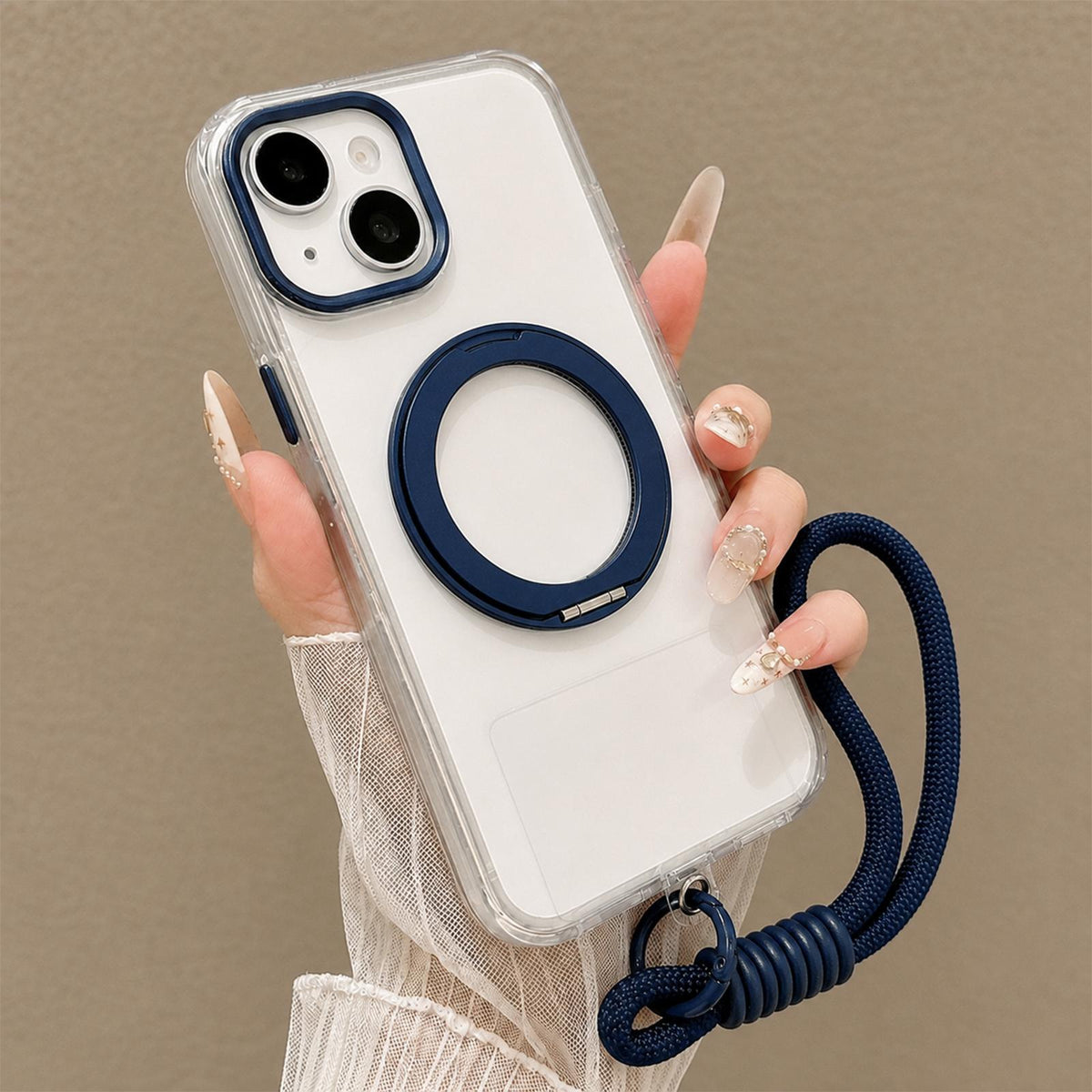 For iPhone 14 Airbag Shockproof Magnetic Rotating Holder Phone Case with Wrist Strap - Blue - EDA009984705E