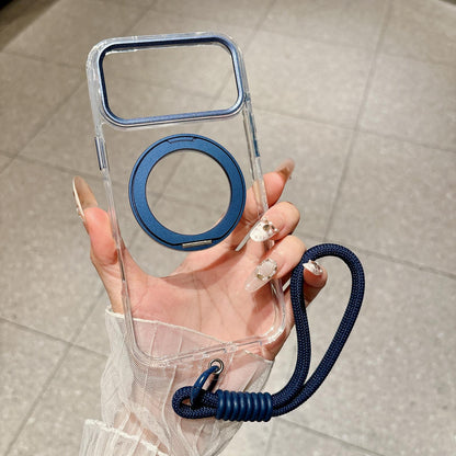 For iPhone 14 Airbag Shockproof Magnetic Rotating Holder Phone Case with Wrist Strap - Blue - EDA009984705E