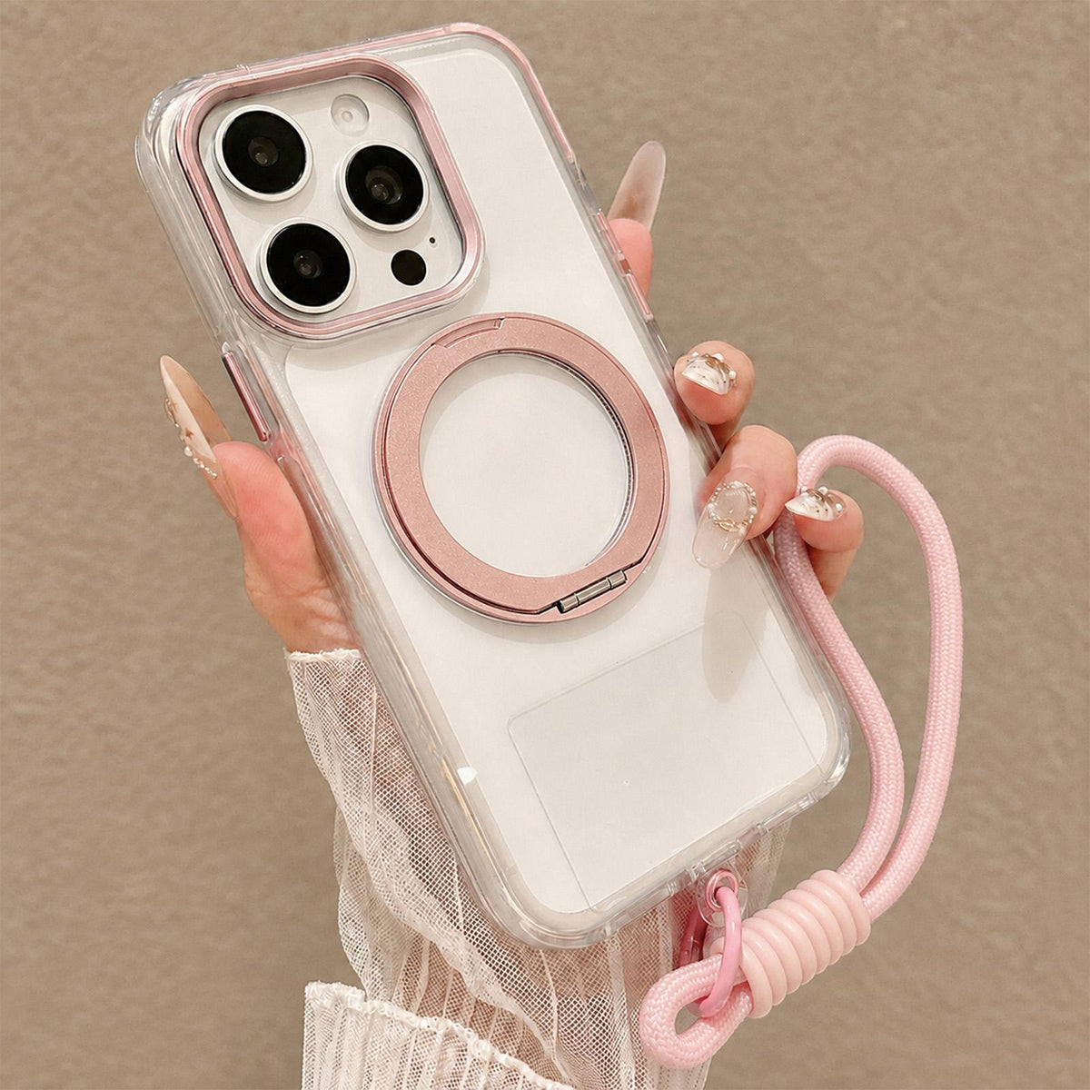 For iPhone 14 Pro Airbag Shockproof Magnetic Rotating Holder Phone Case with Wrist Strap - Pink - EDA009984707C